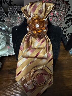 Gold and Burgundy Striped Satin Ascot with Amber Brooch Tie